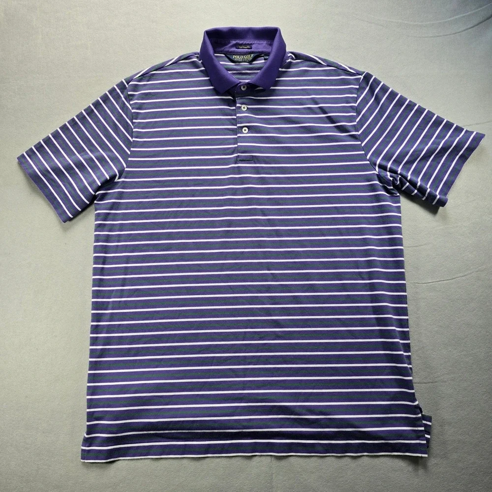 Polo Golf Ralph Lauren Mens Large Purple Striped Performance Pima Cotton Polo